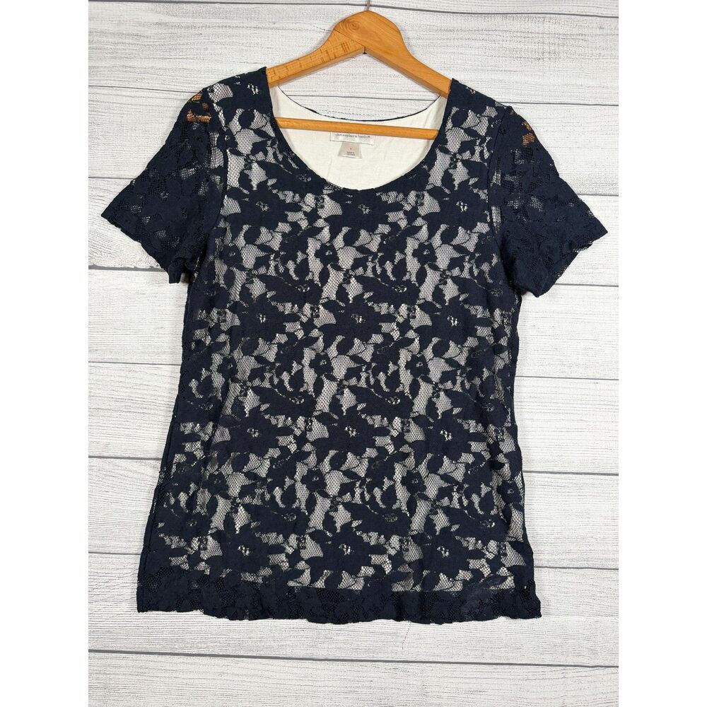 Christopher & Banks Women’s Small Navy Floral Lace Overlay Top Blouse 4221